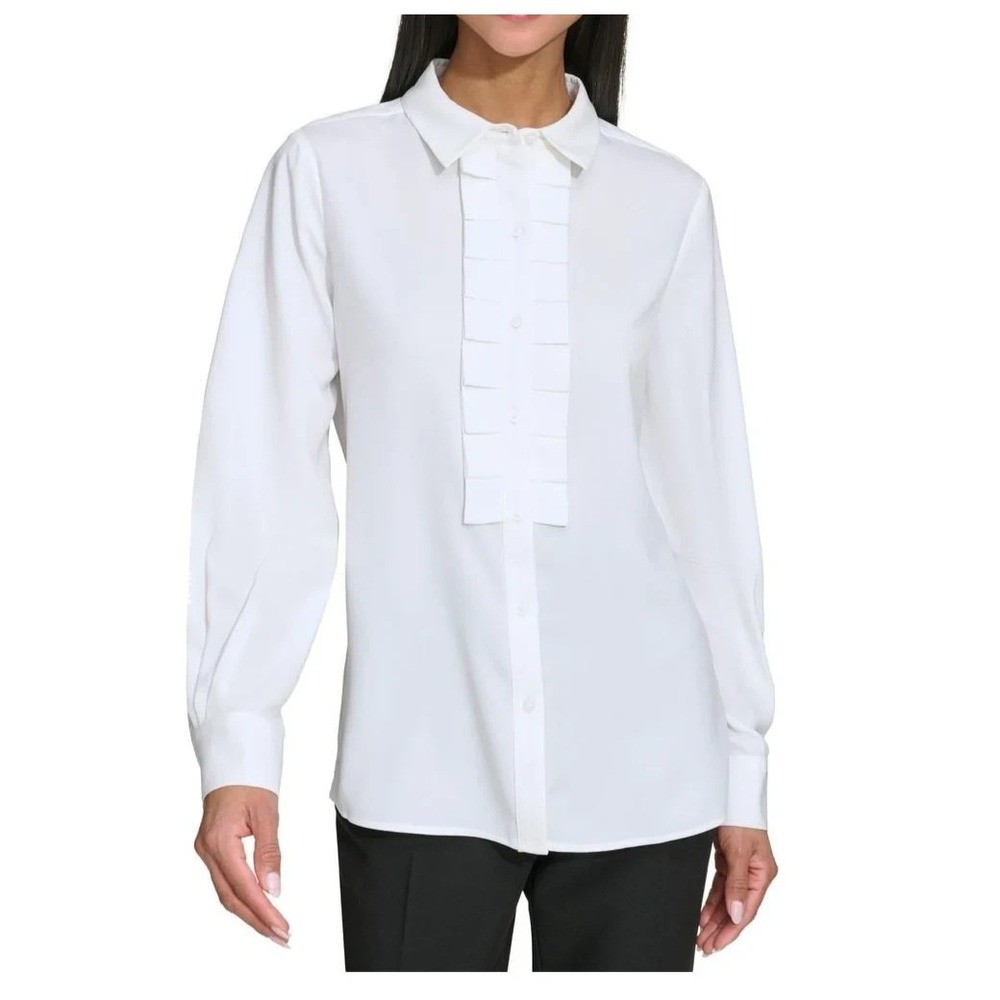 KARL LAGERFELD Women's White Long Sleeve‎ Button Front Blouse size S PLEAT-FRONT